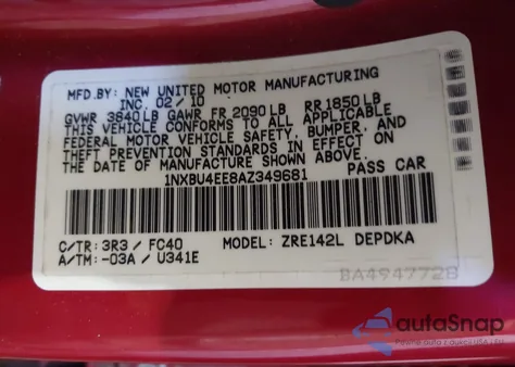 2010 Toyota Corolla Le from USA, damaged, VIN 1NXBU4EE8AZ349681